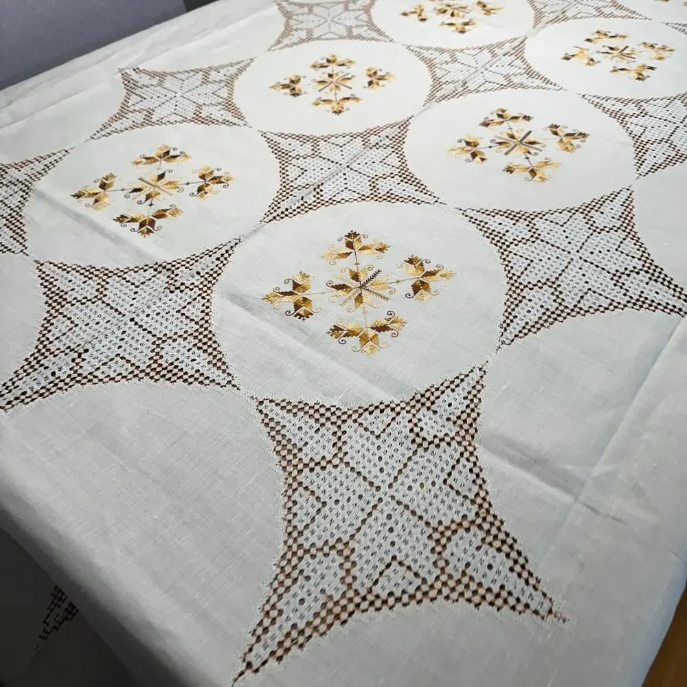 Vintage Hand-Stitched Irish Linen Tablecloth Cream Gold 63